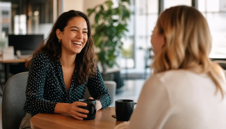 Two coworkers having a friendly coffee chat in a modern office