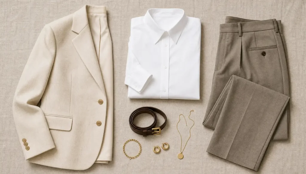 Flat lay of neutral capsule wardrobe pieces including a blazer, button down shirt, and leather belt