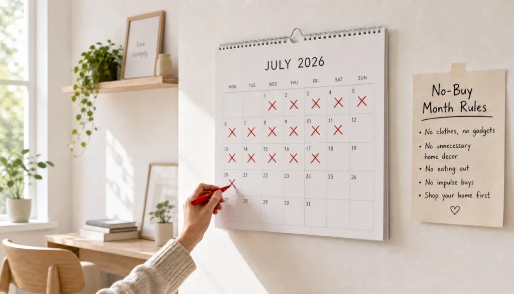 A calendar tracking a no-buy month with a red X on each day