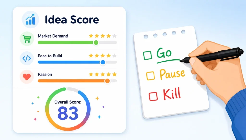 Startup idea evaluation matrix with weighted scoring in Notion