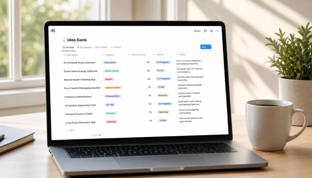 Notion database view for organizing startup ideas with priority scoring