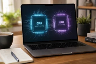 Laptop screen showing a simple NPU vs GPU chip comparison