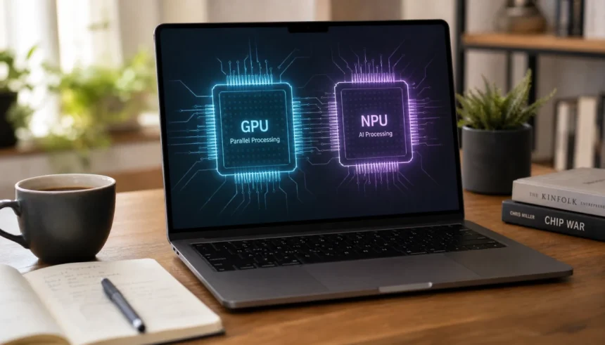 Laptop screen showing a simple NPU vs GPU chip comparison