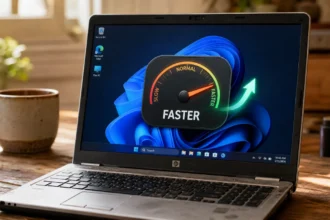Old laptop showing Windows 11 desktop with speedometer widget pointing to faster performance