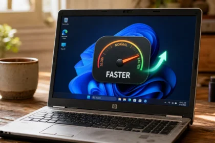 Old laptop showing Windows 11 desktop with speedometer widget pointing to faster performance