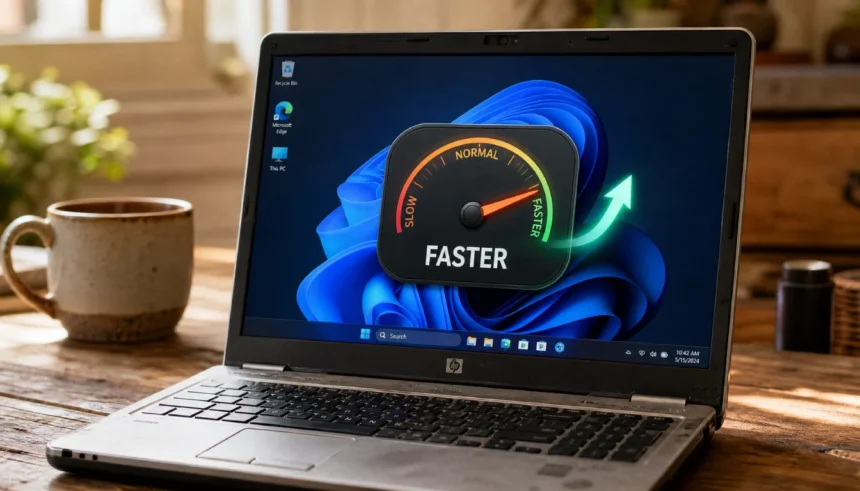 Old laptop showing Windows 11 desktop with speedometer widget pointing to faster performance