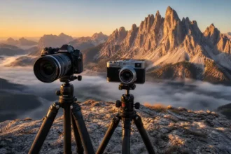 OM System OM‑1 and Fujifilm X100VI cameras on tripods shooting sunrise landscapes in the Dolomites mountains.