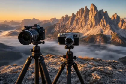 OM System OM‑1 and Fujifilm X100VI cameras on tripods shooting sunrise landscapes in the Dolomites mountains.