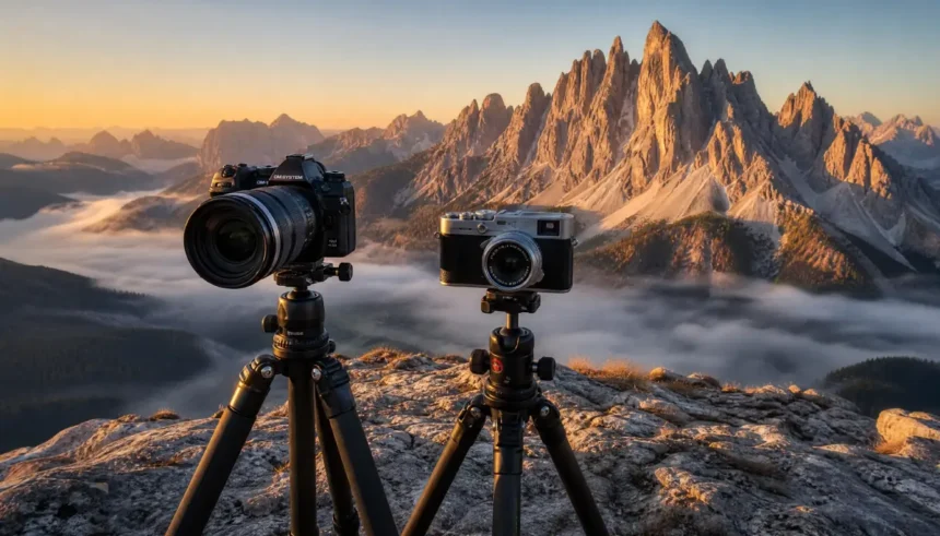 OM System OM‑1 and Fujifilm X100VI cameras on tripods shooting sunrise landscapes in the Dolomites mountains.