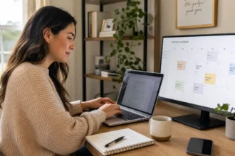 Solo marketer working at a desk managing a one person marketing department