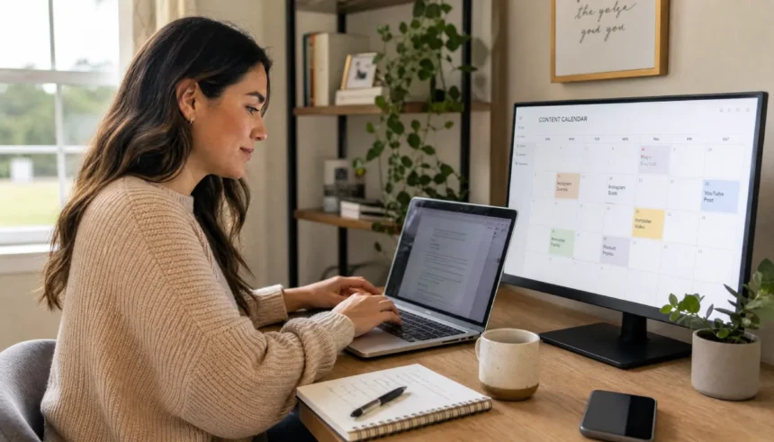 Solo marketer working at a desk managing a one person marketing department