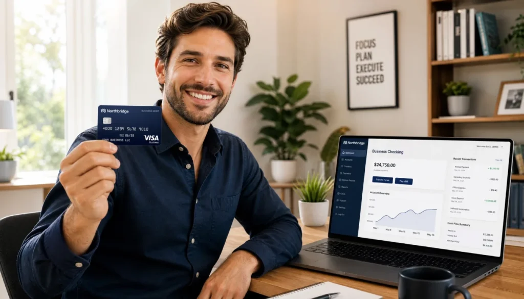 Woman holding business debit card after opening a business bank account for her side hustle