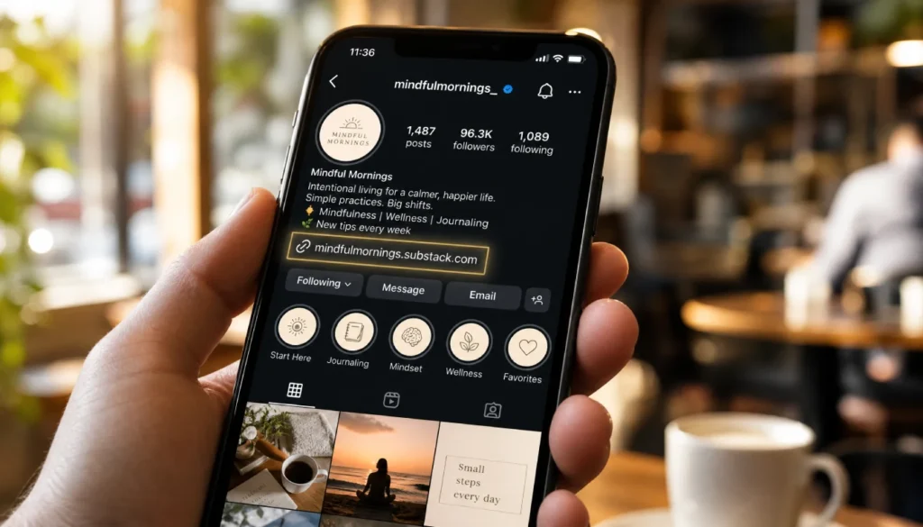 Smartphone showing Instagram bio with newsletter signup link