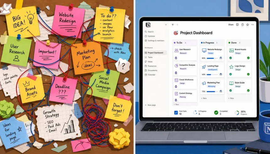 Organize startup ideas in Notion, chaos to clarity illustration