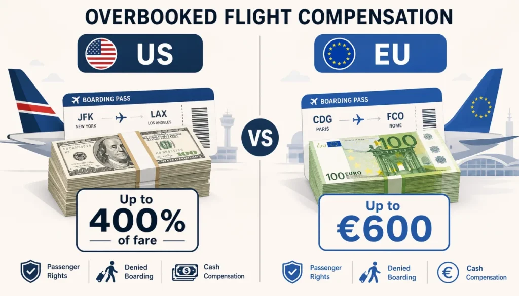 US vs EU overbooked flight compensation comparison graphic