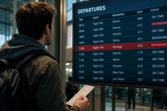 Traveller looking at an overbooked flight departure board