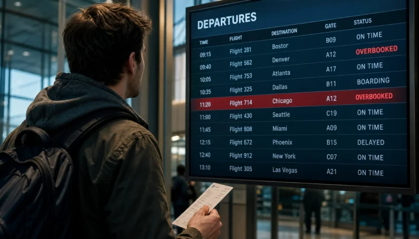 Traveller looking at an overbooked flight departure board