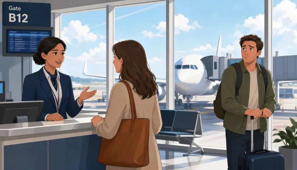 Gate agent talking to a passenger at an overbooked flight boarding area