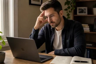 Entrepreneur pausing at a desk while thinking through fear of starting a business