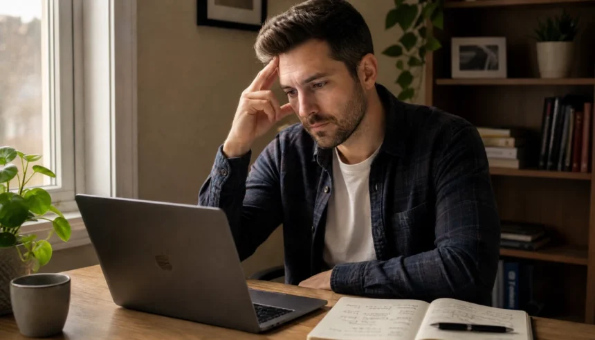 Entrepreneur pausing at a desk while thinking through fear of starting a business