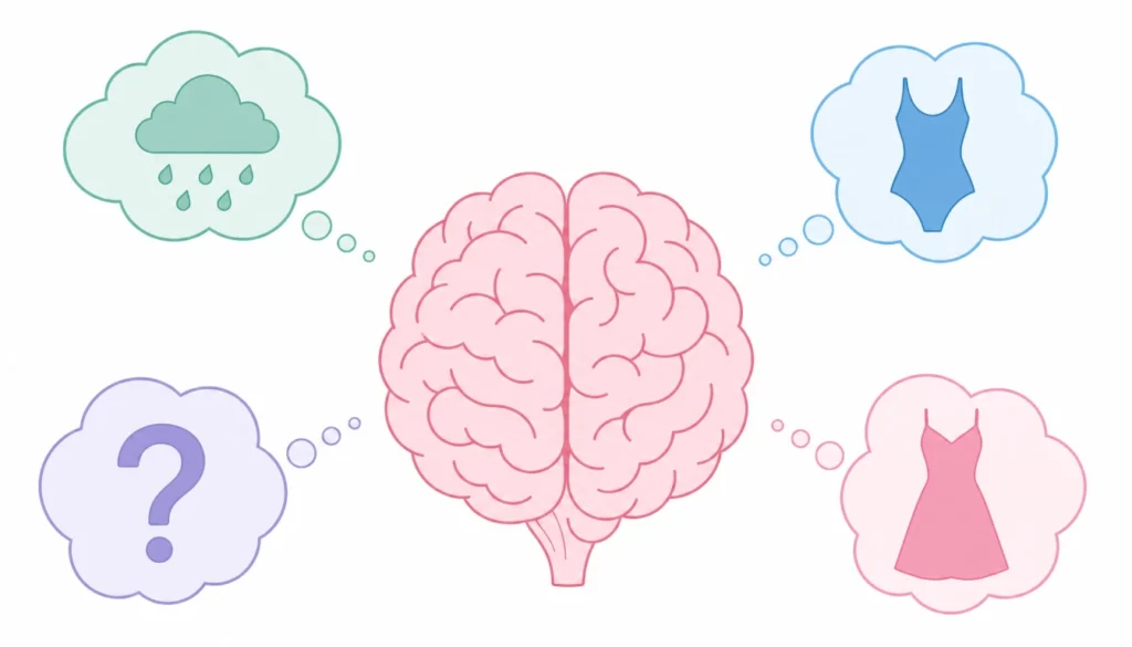 Illustration of a brain with "what if" thoughts causing overpacking anxiety