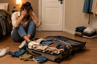 Frustrated traveler with overstuffed suitcase spilling clothes