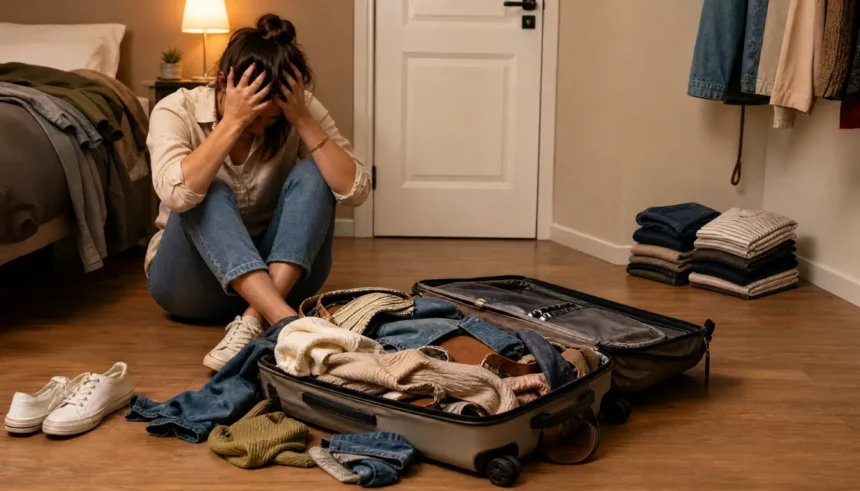 Frustrated traveler with overstuffed suitcase spilling clothes