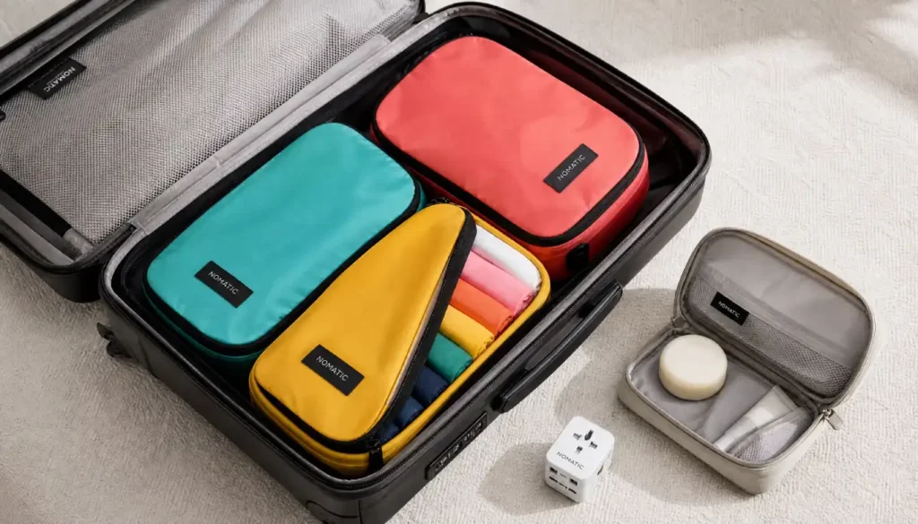 Open carry-on suitcase with packing cubes and minimalist toiletry kit