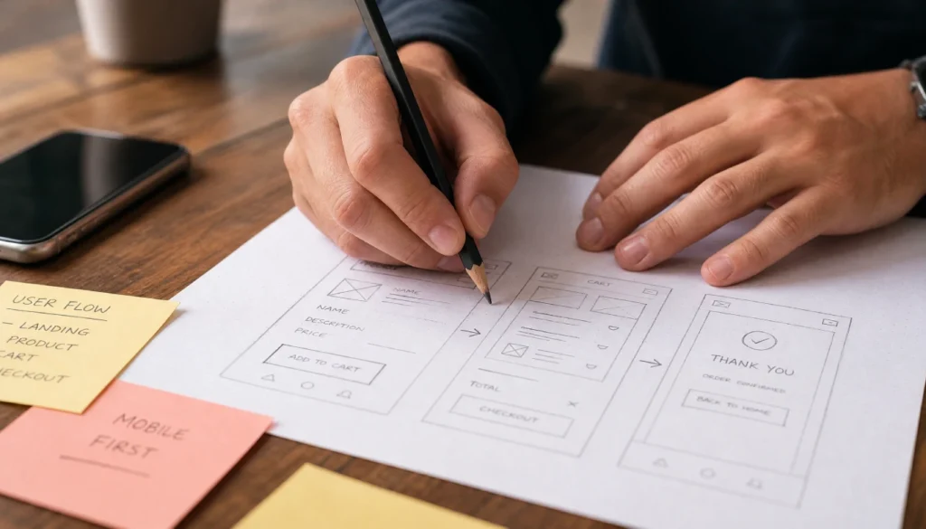 Hands sketching a paper prototype before building a product