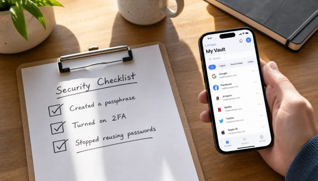 Printable digital safety checklist showing passphrase creation and password manager step