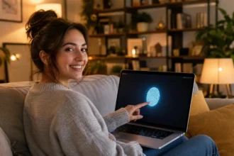 Person unlocking a laptop screen with a fingerprint instead of a password.