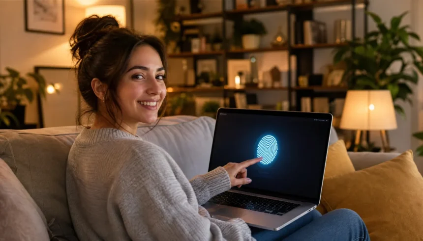 Person unlocking a laptop screen with a fingerprint instead of a password.