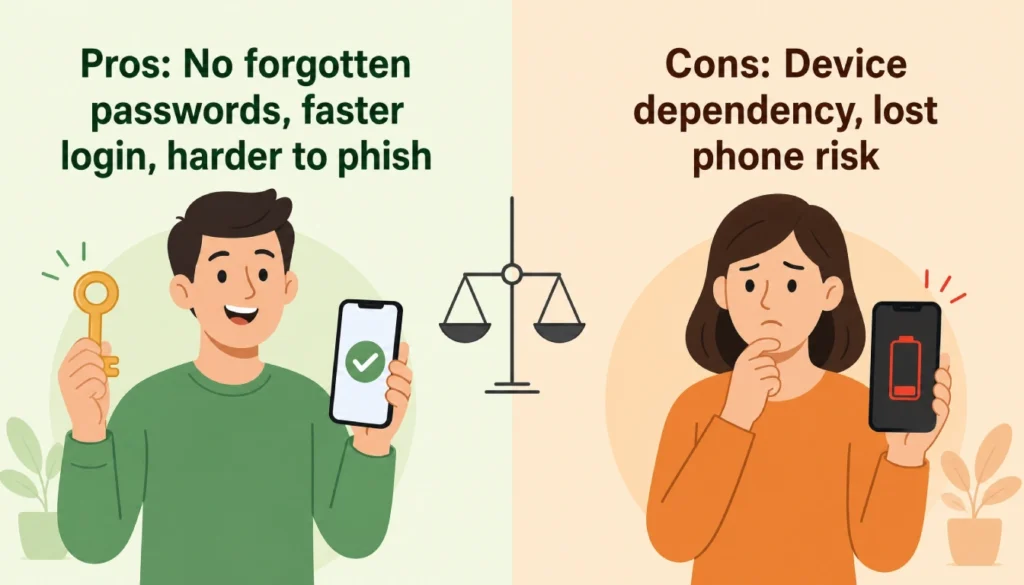 Pros and cons of passwordless login displayed in a simple two-column infographic.