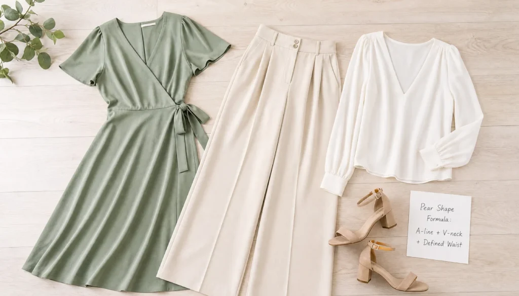 Flat lay of pear body shape outfit formula, wrap dress, high-waisted pants, V-neck top, and note with styling tip