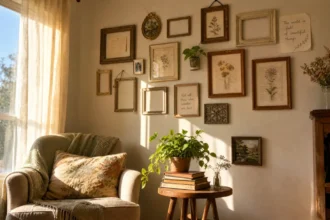 A bright living room styled with rearranged furniture, a repurposed gallery wall, and no new decor