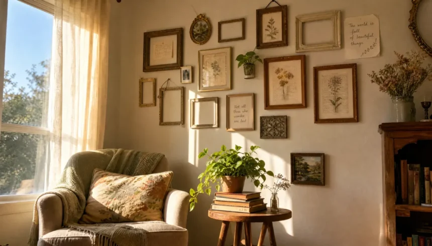 A bright living room styled with rearranged furniture, a repurposed gallery wall, and no new decor