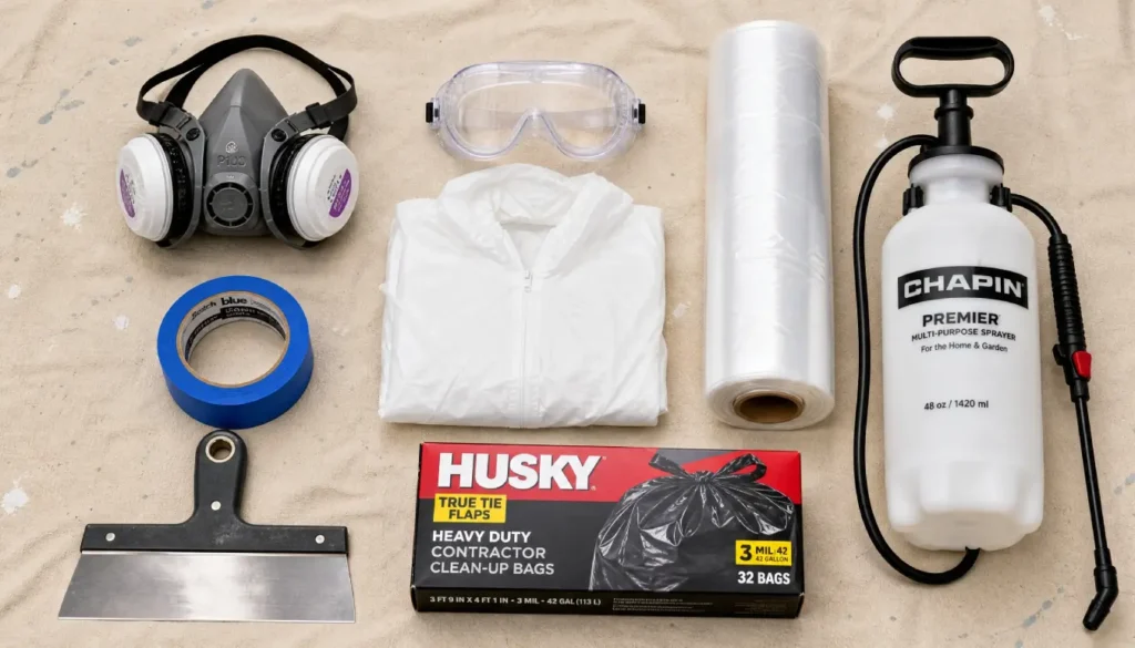 Popcorn ceiling removal supplies laid out including respirator, coverall suit, and scraper tools