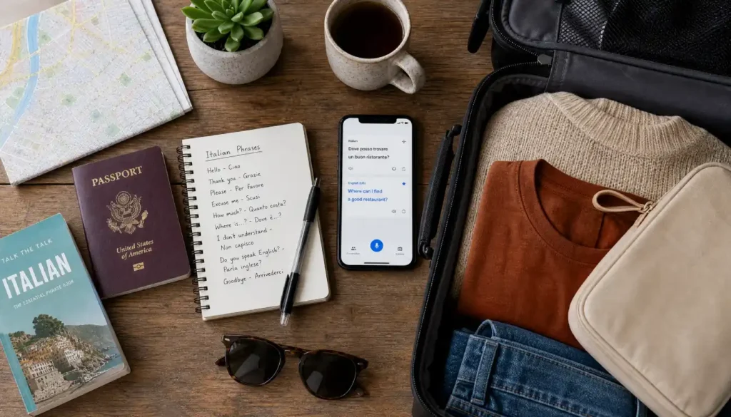 Travel prep items laid out before an international trip to help prevent culture shock