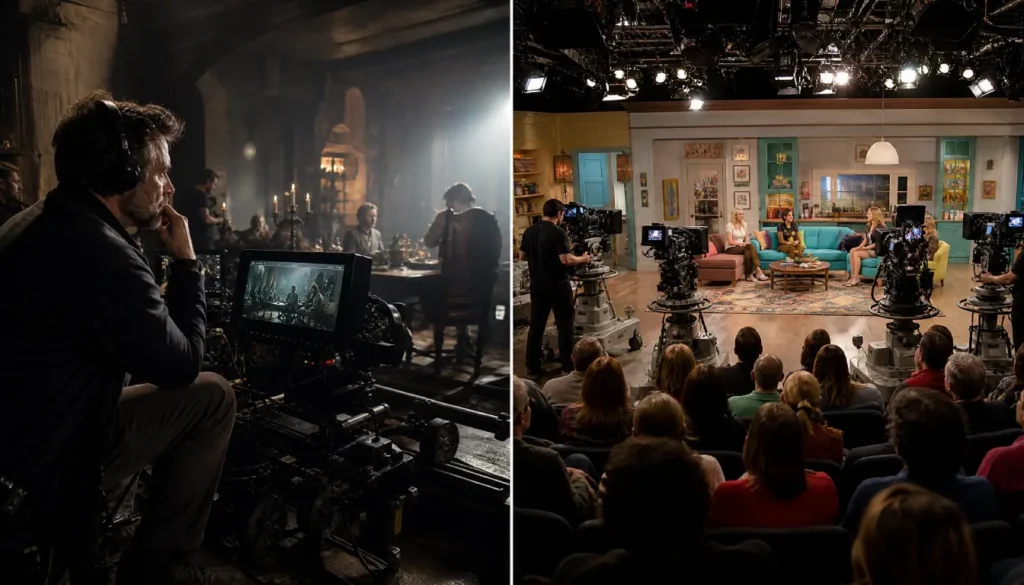 Comparison between a cinematic film set and a traditional TV studio set