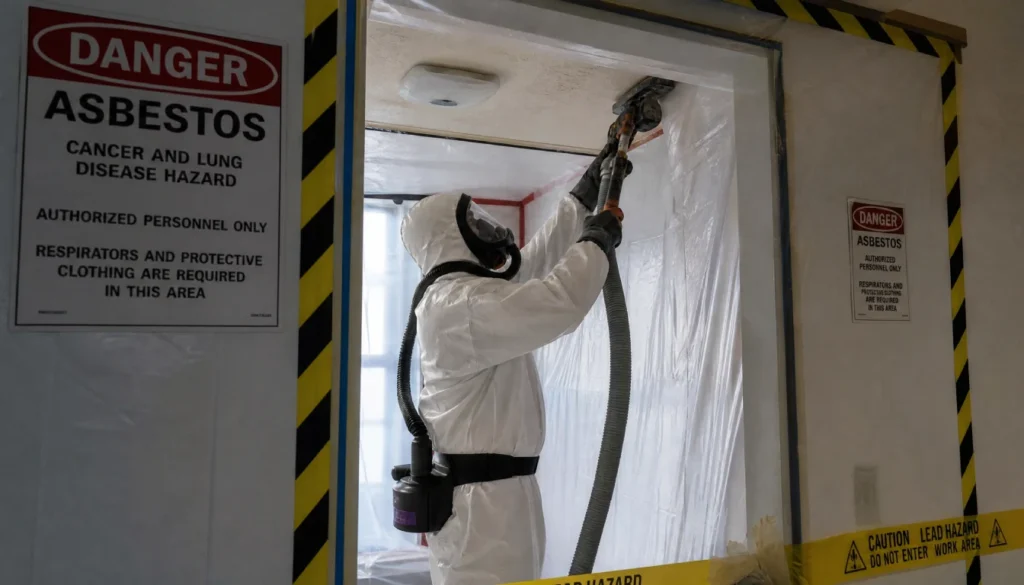 Licensed professional in full protective suit handling large scale ceiling removal safely