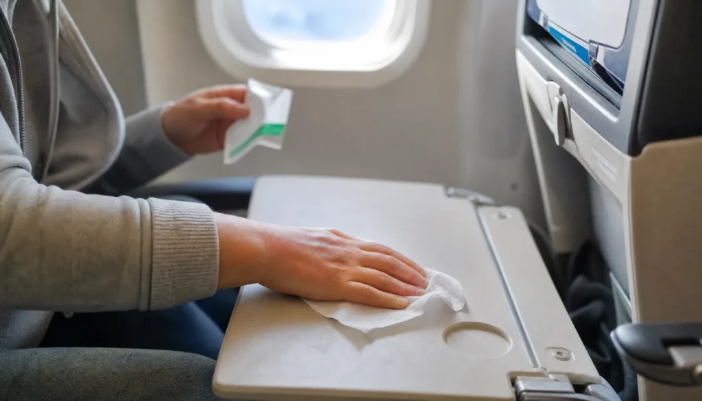 Passenger wiping down an airplane tray table to avoid germs during a flight