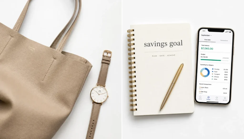 Comparison of quiet luxury items and loud budgeting tools like a savings notebook