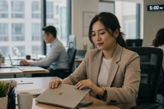 Office worker closing laptop at 5pm to leave work on time