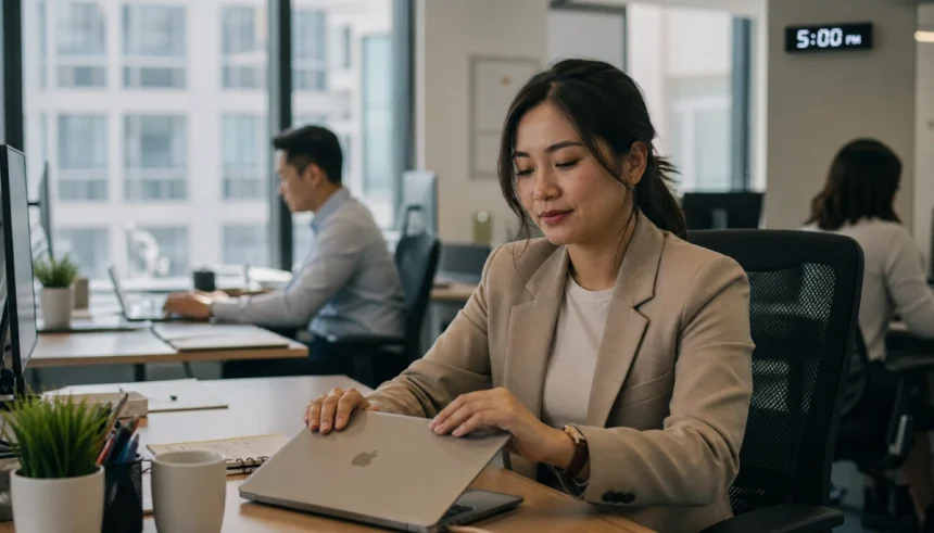 Office worker closing laptop at 5pm to leave work on time