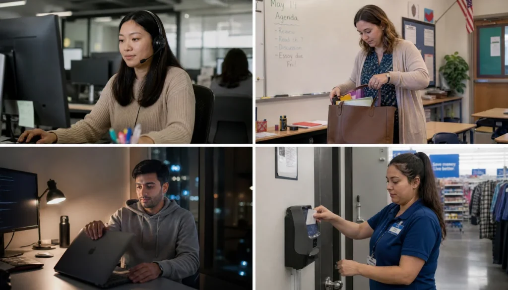 Workers from different industries showing quiet quitting examples