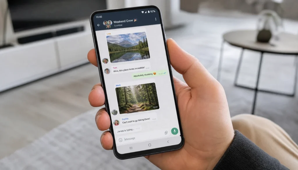 Person holding phone with RCS group chat open showing typing indicators
