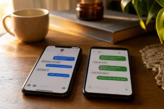 Two phones side by side showing blue and green text message bubbles