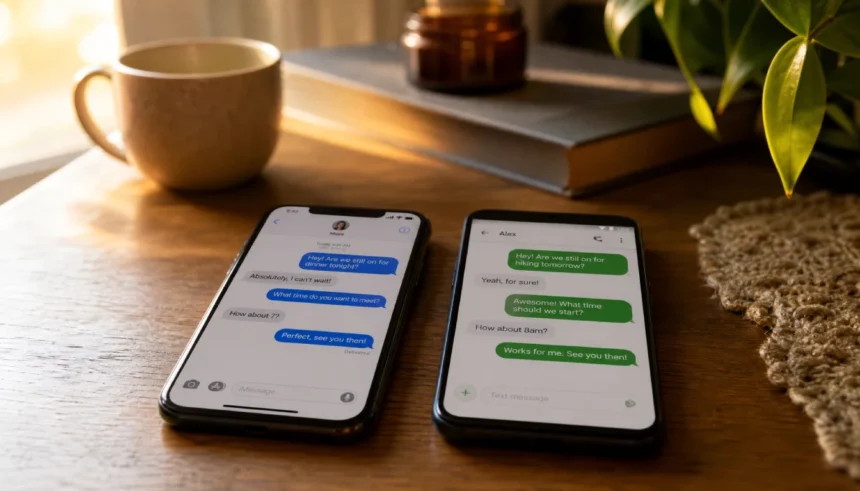 Two phones side by side showing blue and green text message bubbles