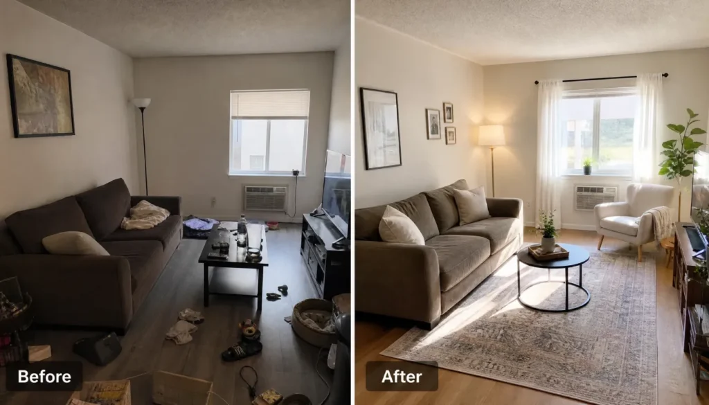 Before and after living room rearranged without buying any new furniture