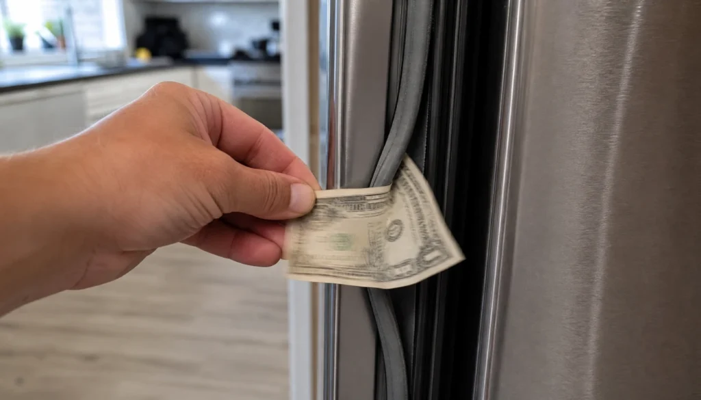 Testing a refrigerator door seal with a dollar bill to check for leaks